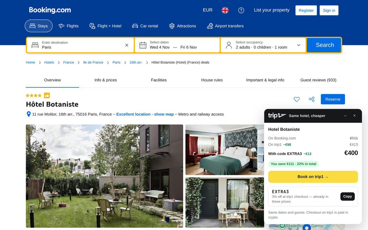 A Booking.com hotel page with the trip1 panel comparing the price on Booking.com and on trip1