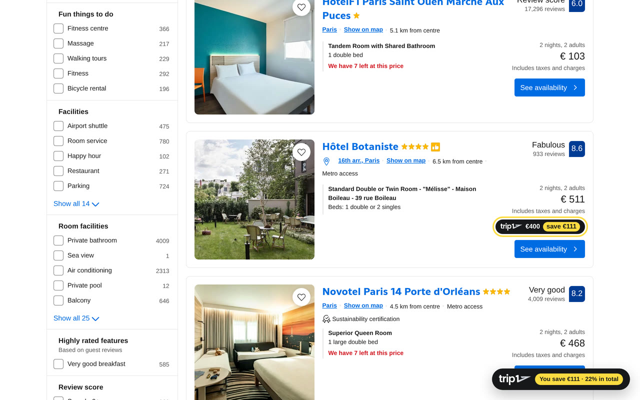 A Booking.com result card marked with the trip1 price and the saving